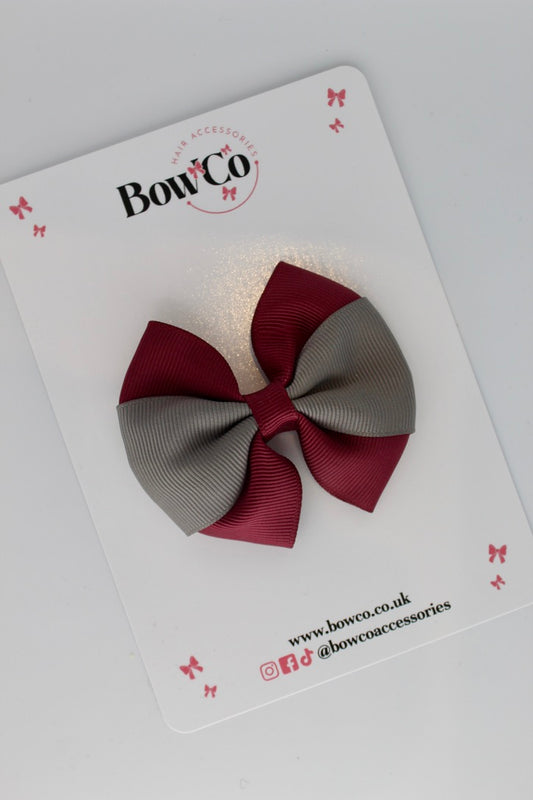 Burgundy and Metal Grey - Round Tuxedo Bow - Clip