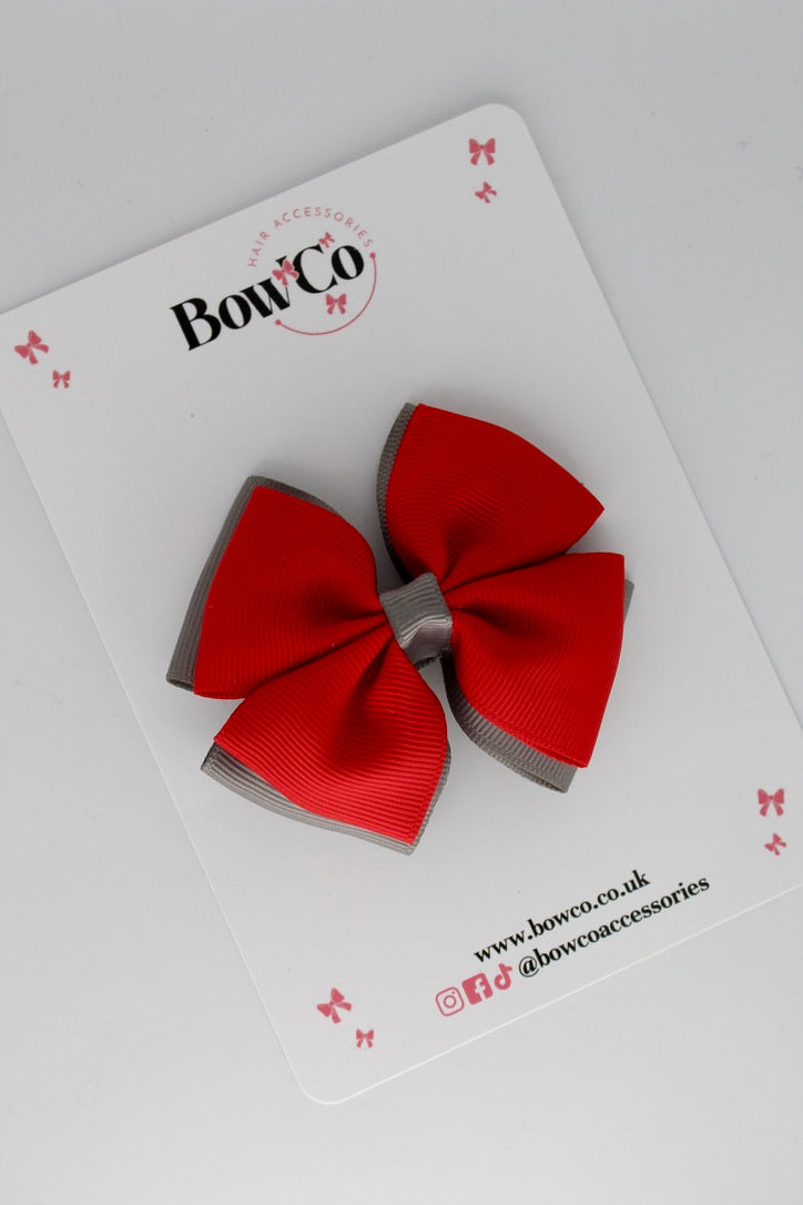 Red and Metal Grey - Double Layer Bow - Clip