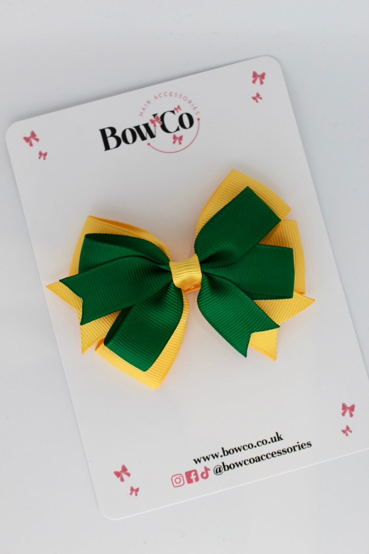 3 Inch Double Tail Bow - Clip - Forest Green and Yellow Gold