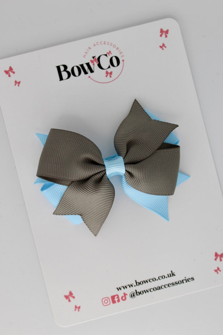 3 Inch Layer Tail Bow - Clip - Blue Topaz and Metal Grey