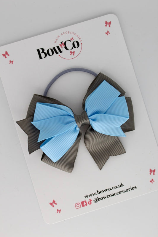 3 Inch Double Tail Bow - Elastic - Blue Topaz and Metal Grey