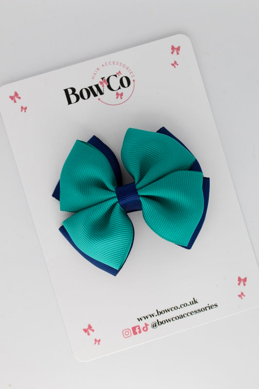 Jade Green and Navy - Double Layer Bow - Clip