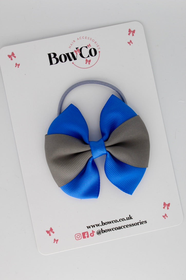 Royal Blue and Metal Grey - Round Tuxedo Bow - Elastic