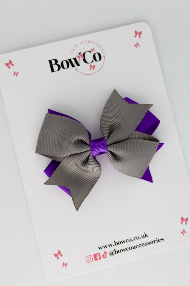 3 Inch Layer Tail Bow - Clip - Purple and Metal Grey