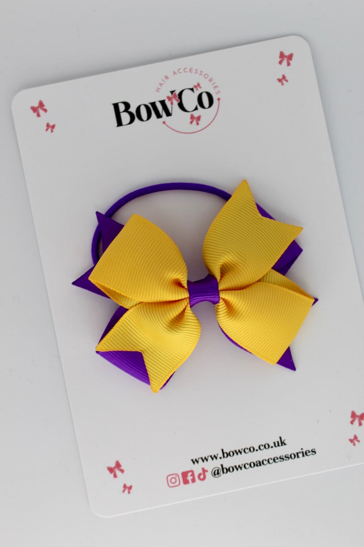 3 Inch Layer Tail Bow - Elastic - Purple and Yellow Gold