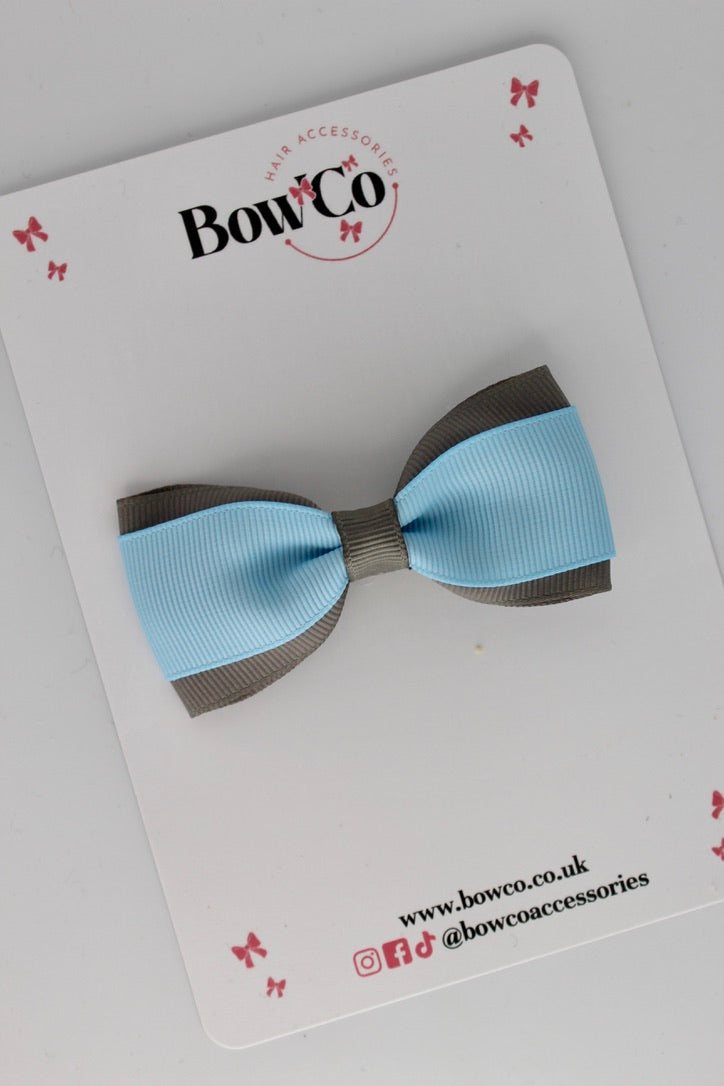 3 Inch Tuxedo Bow - Clip - Blue Topaz and Metal Grey