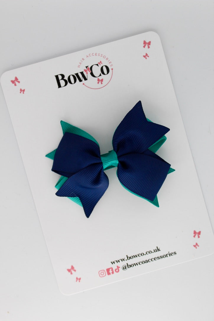 Jade Green and Navy - Layer Tail Bow - Clip