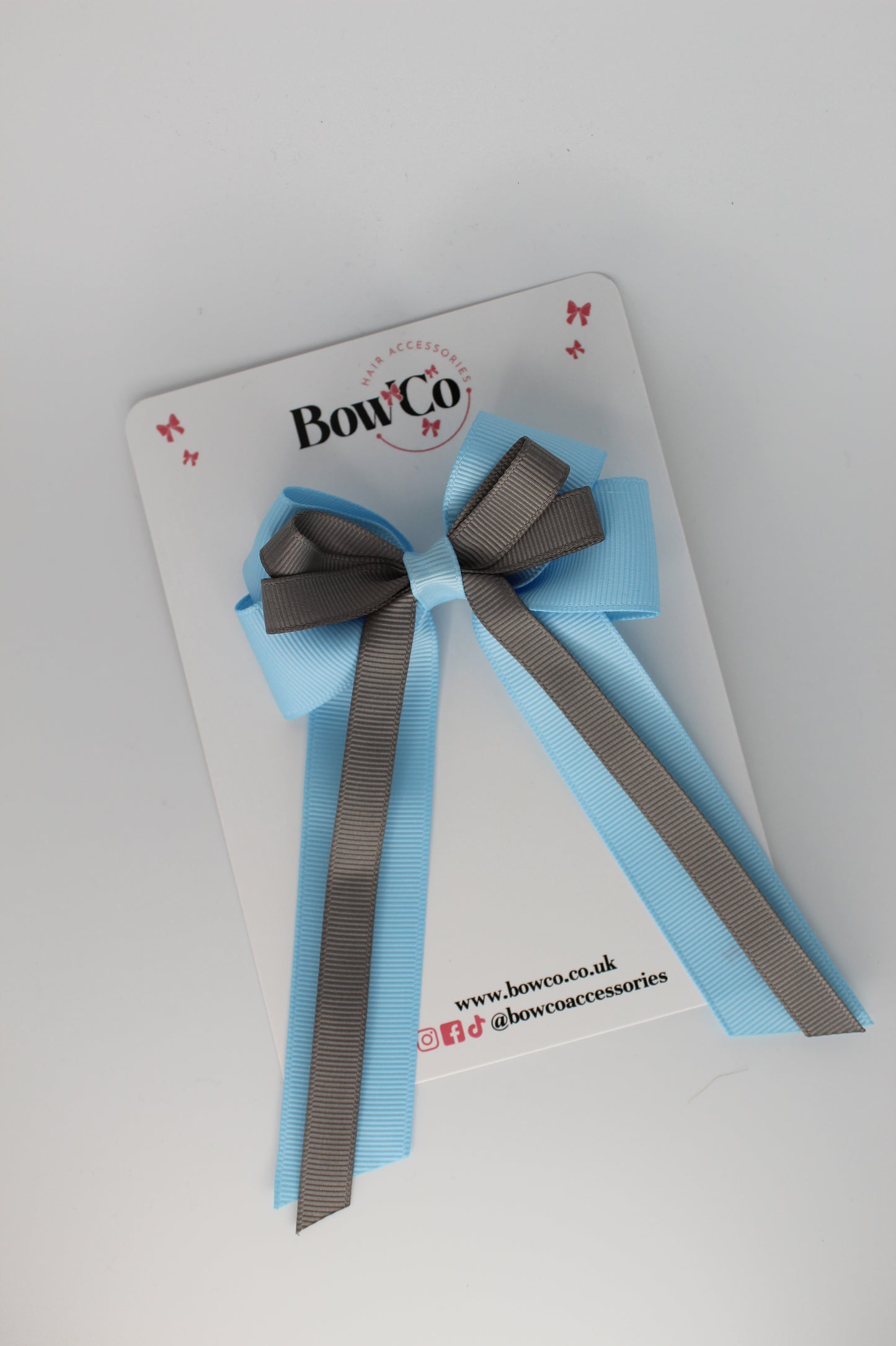 4 Inch Loop Bow Clip PonyTail - Blue Topaz and Metal Grey