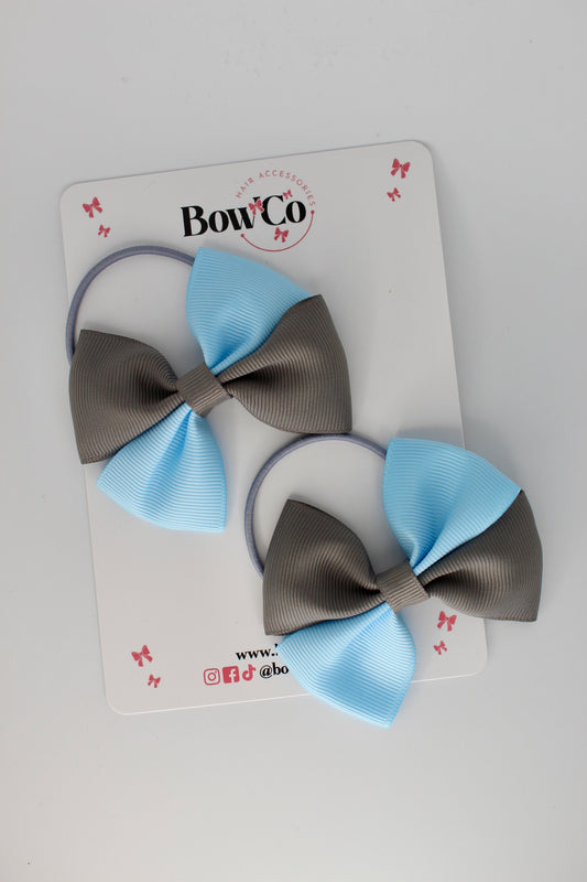 3 Inch Twist Bow - 2 Pack - Elastic Band - Blue Topaz and Metal Grey