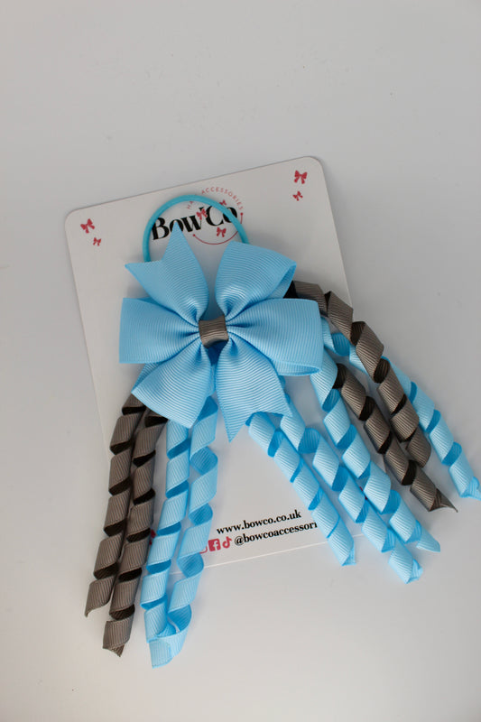 3 Inch Pinwheel Corker Bow - Elastic Bobble - Blue Topaz and Metal Grey