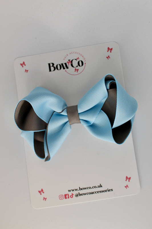 4 Inch Loop Bow - Clip - Blue Topaz and Metal Grey