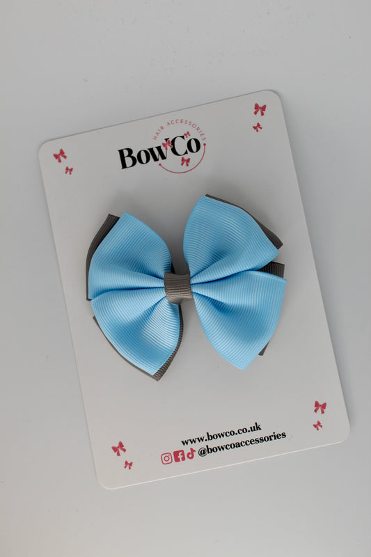 3 Inch Double Layer Bow - Clip - Blue Topaz and Metal Grey