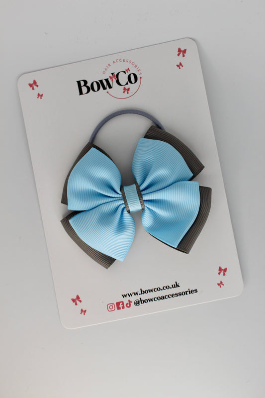 3 Inch Layer Edge Bow - Elastic Bobble - Blue Topaz and Metal Grey