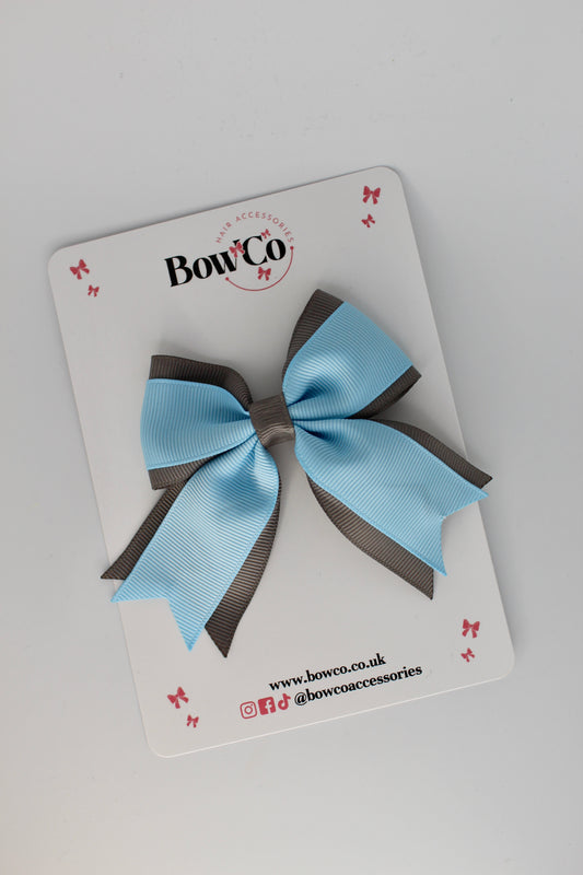 3 Inch Tail Bow Clip - Blue Topaz and Metal Grey