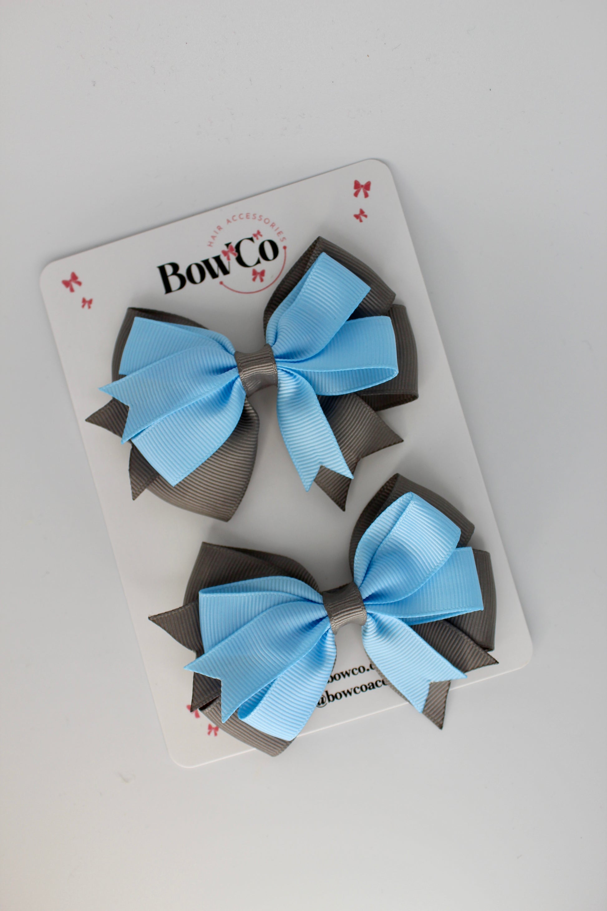 3 Inch Double Tail Bow - Clip - 2 Pack - Blue Topaz and Metal Grey