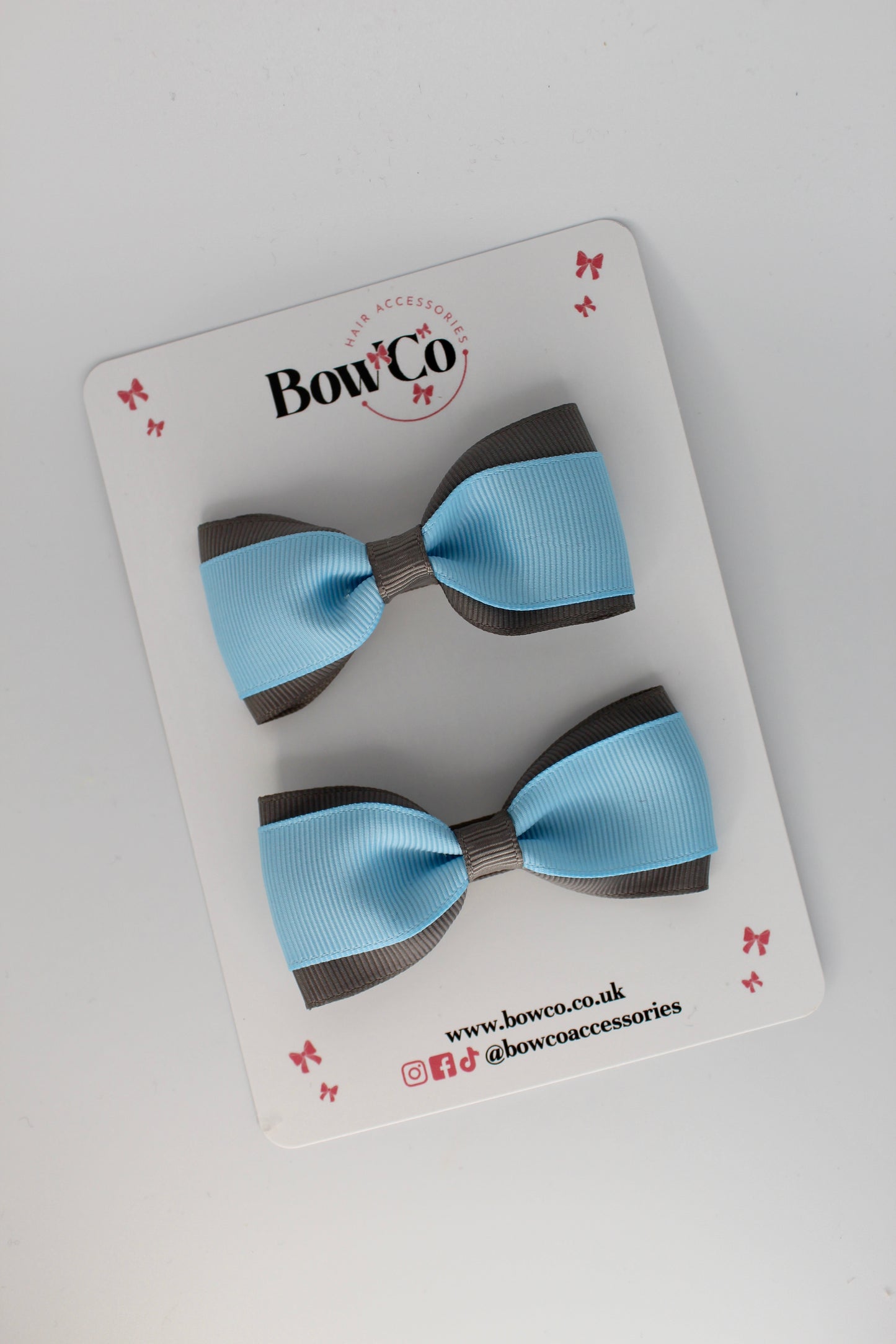 3 Inch Tuxedo Bow - Clip - 2 Pack - Blue Topaz and Metal Grey