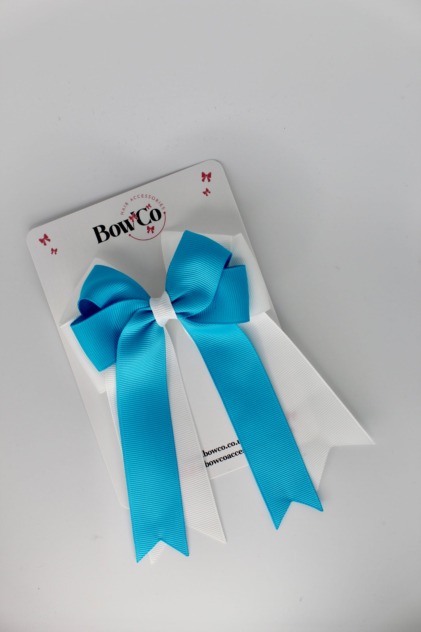 4.5 Inch Ponytail Large Double Tail Bow - Turquoise and White