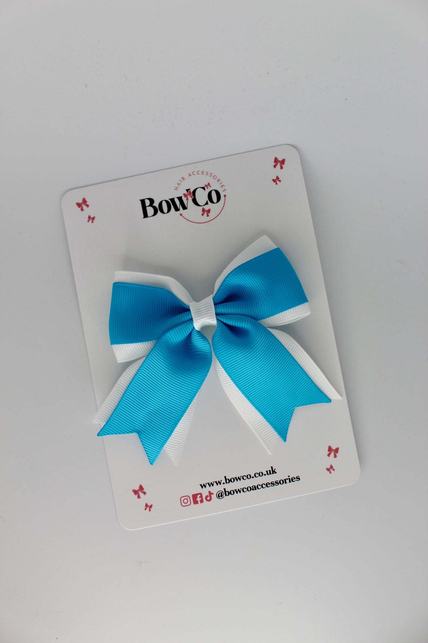 3 Inch Tail Bow Clip - Turquoise and White