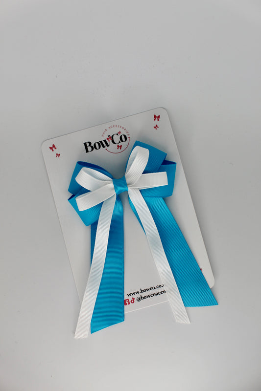 4 Inch Loop Bow Clip PonyTail - Turquoise and White