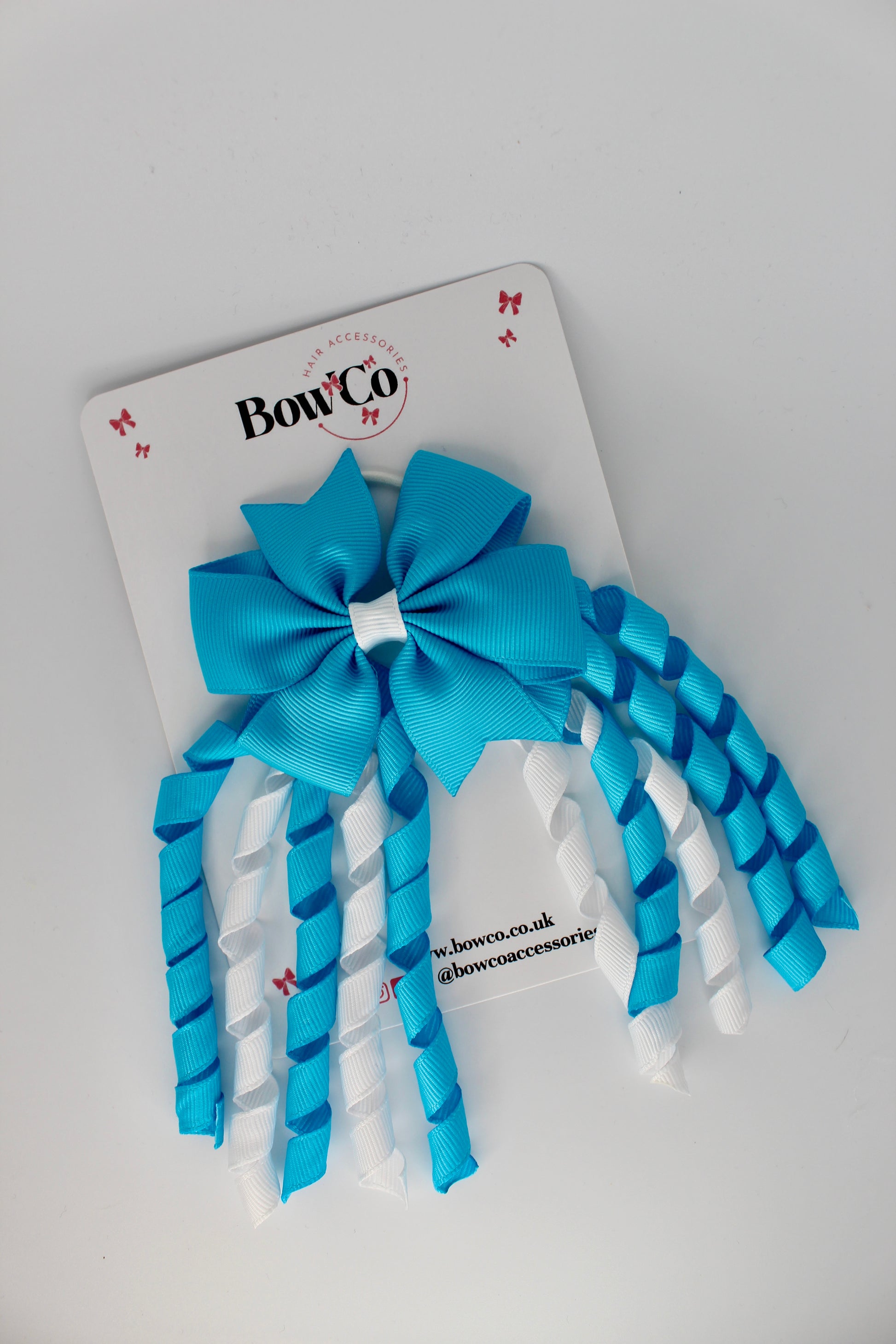 3 Inch Pinwheel Corker Bow - Elastic Bobble - Turquoise and White