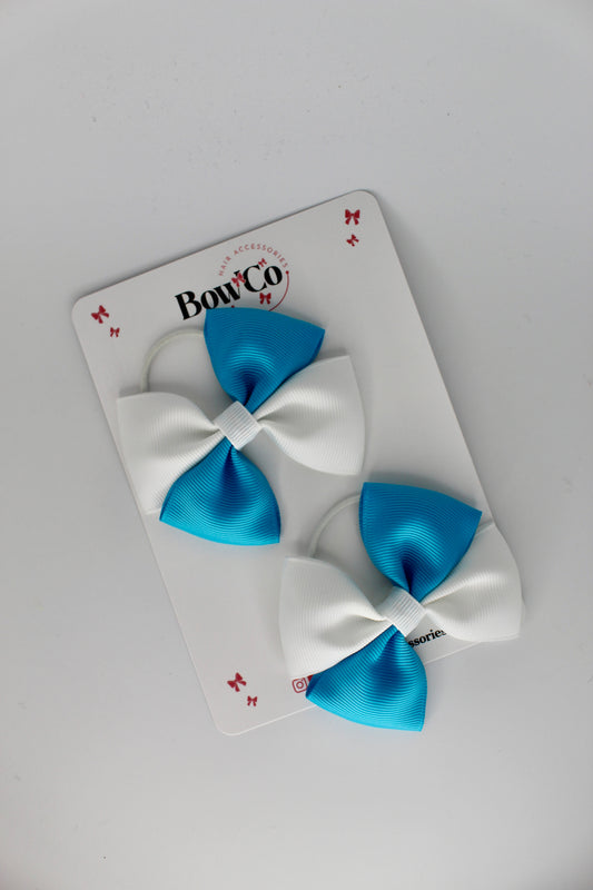 3 Inch Twist Bow - 2 Pack - Elastic Band - Turquoise and White