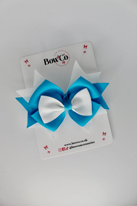 3.5 Inches Layer Bow - Clip - Turquoise and White