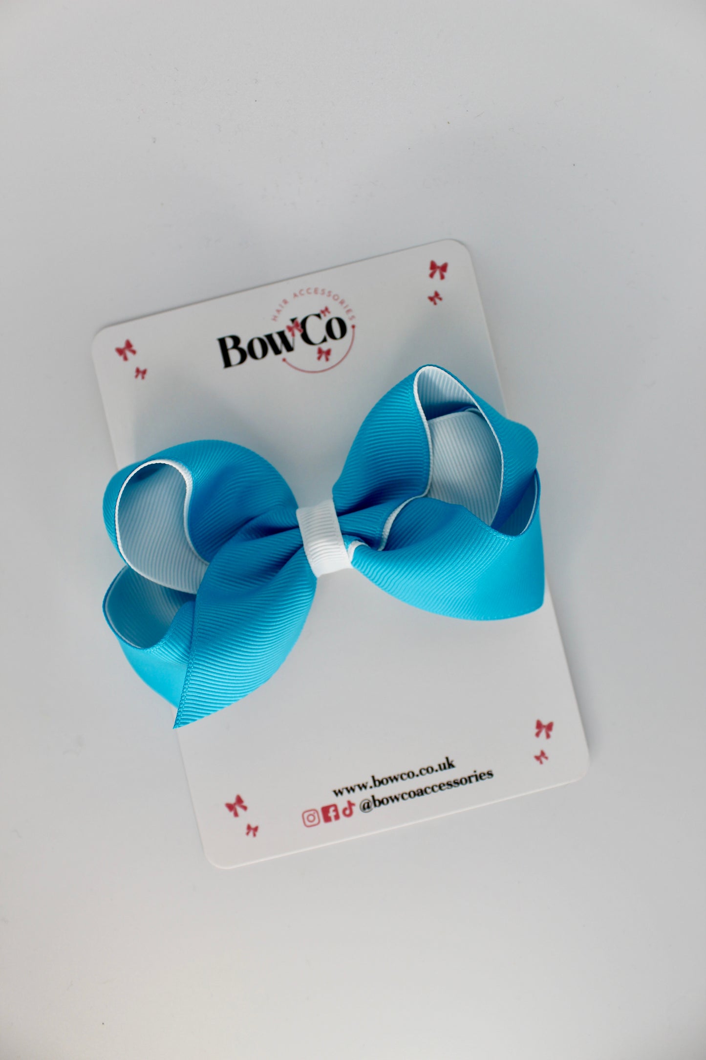 4 Inch Loop Bow - Clip - Turquoise and White