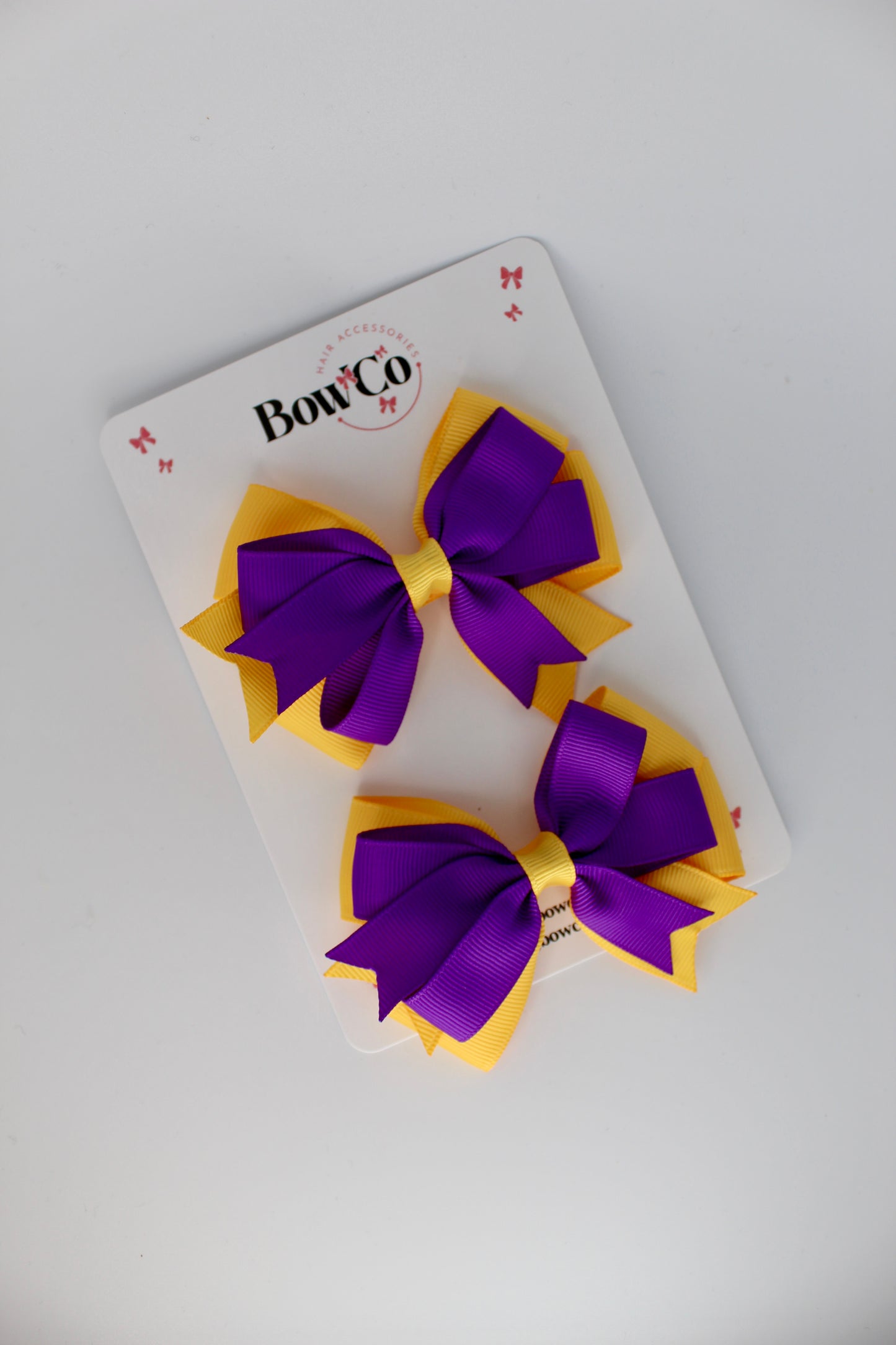 3 Inch Double Tail Bow - Clip - 2 Pack - Purple and Yellow Gold