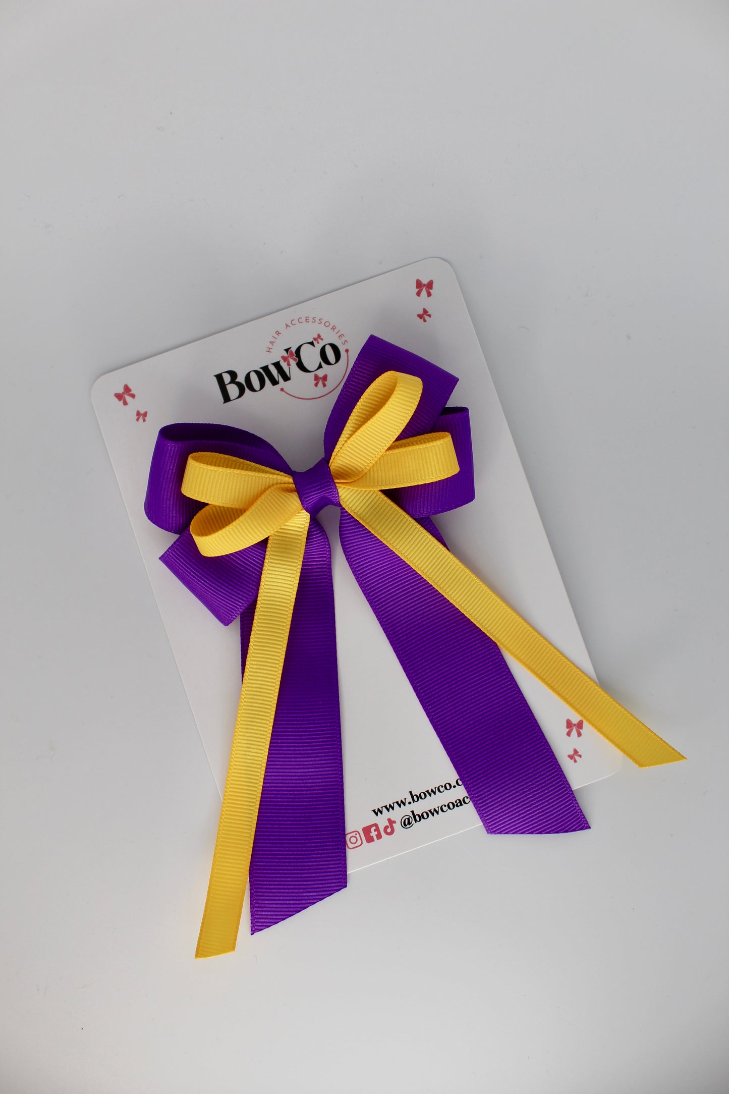 4 Inch Loop Bow Clip PonyTail - Purple and Yellow Gold