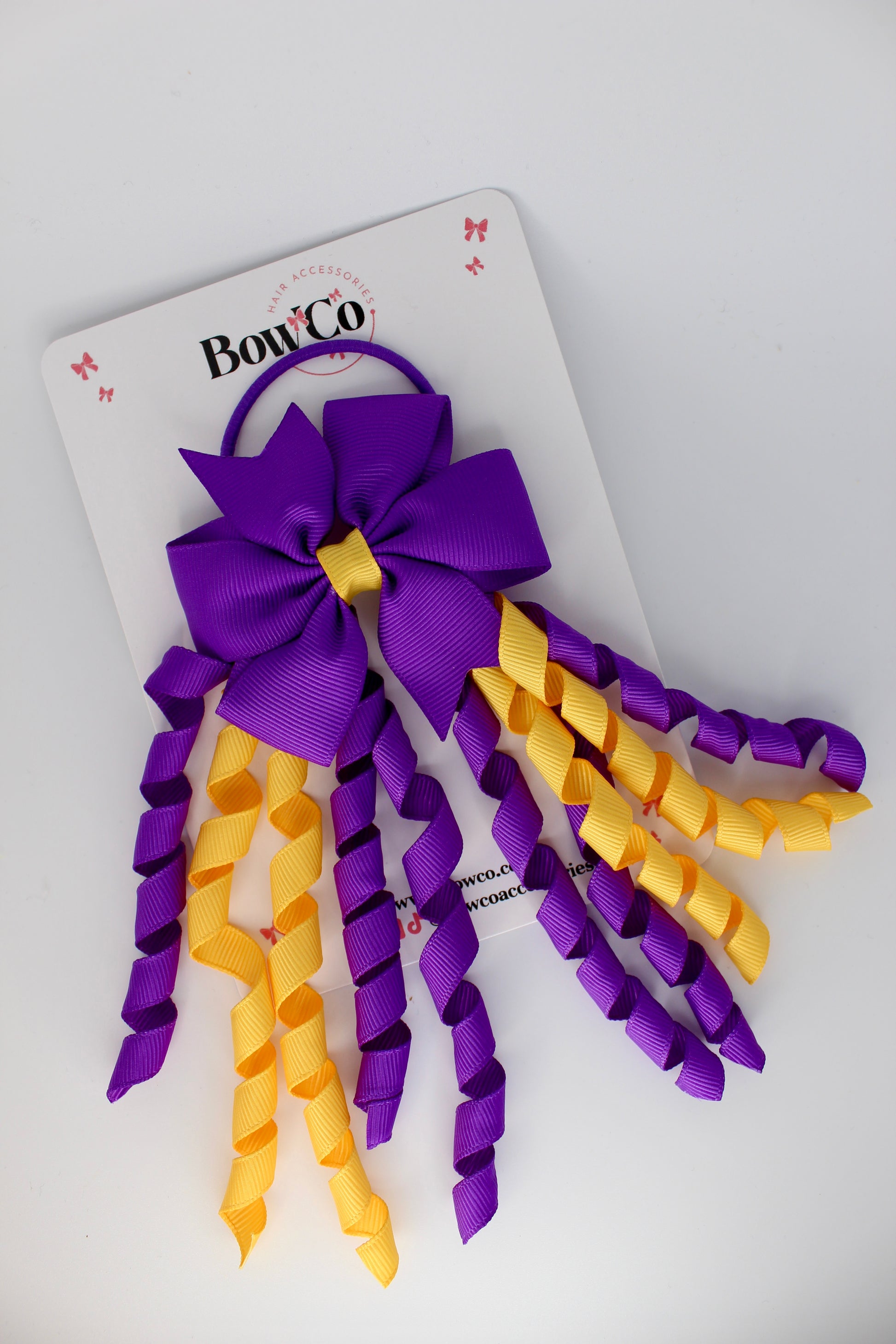 3 Inch Pinwheel Corker Bow - Elastic Bobble - Purple and Yellow Gold