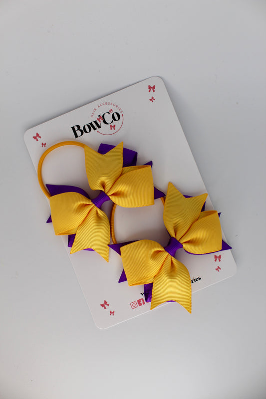 3 Inch Layer Tail Bow - Elastic Bobble - 2 Pack - Purple and Yellow Gold