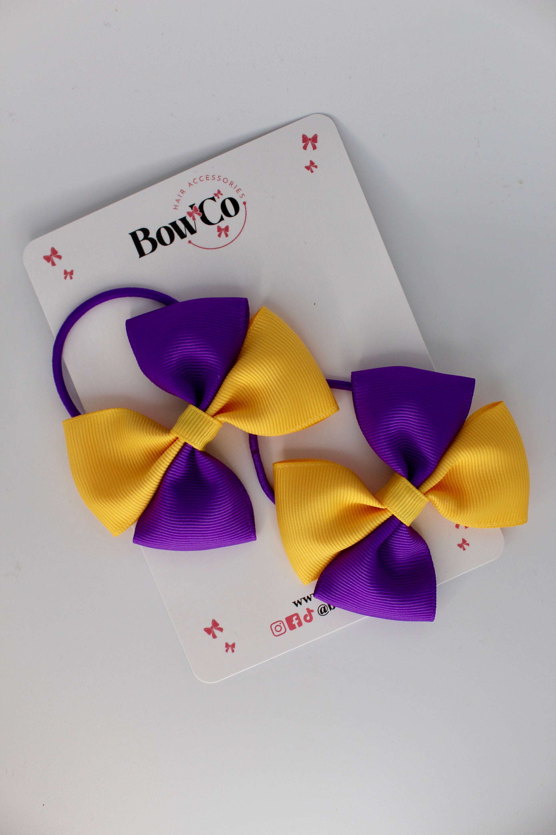 3 Inch Twist Bow - 2 Pack - Elastic Band - Purple and Yellow Gold