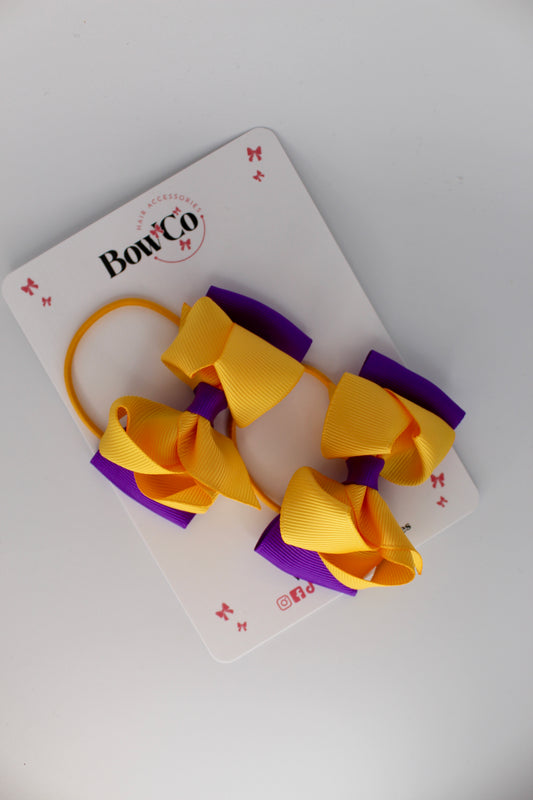 3 Inch Ruffle Bow - Elastic - 2 Pack - Purple and Yellow Gold