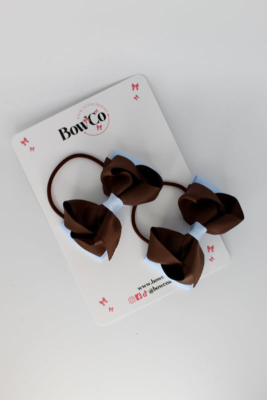 3 Inch Ruffle Bow - Elastic - 2 Pack - Bluebell and Brown