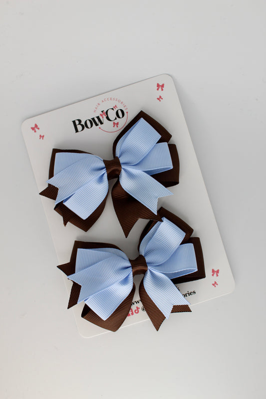 3 Inch Double Tail Bow Set - Clip - Bluebell and Brown