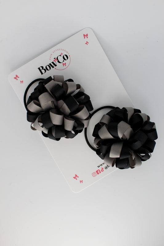 2.5 Inches Pom Pom Elastic Bobble - 2 Pack - Black and Metal Grey