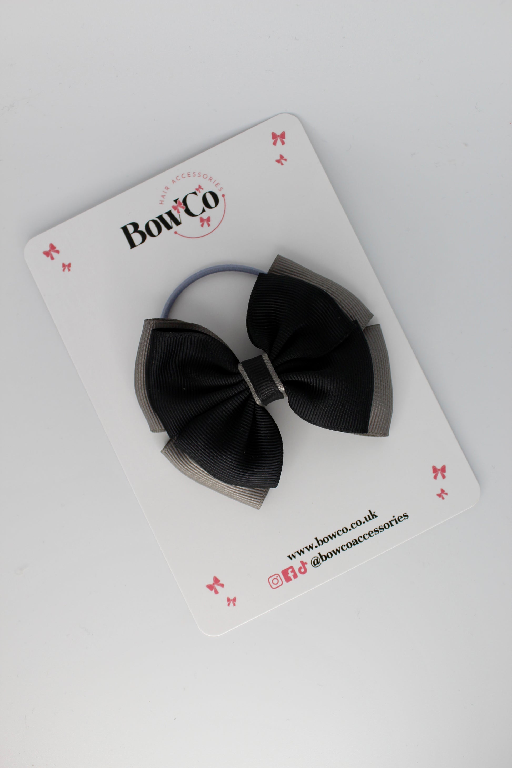 3 Inch Layer Edge Bow - Elastic Bobble - Black and Metal Grey
