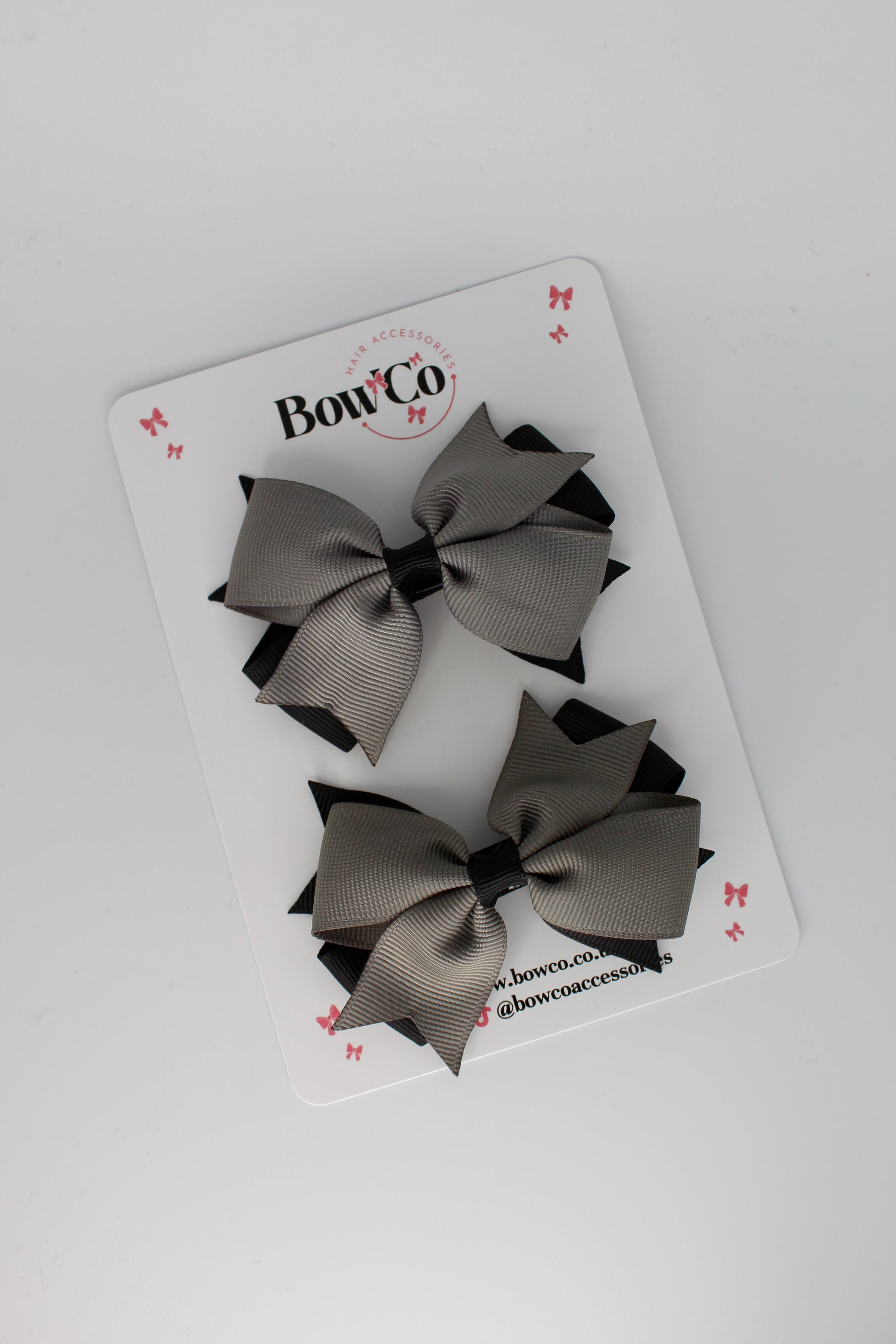 3 Inch Layer Tail Bow - Clip - 2 Pack - Black and Metal Grey