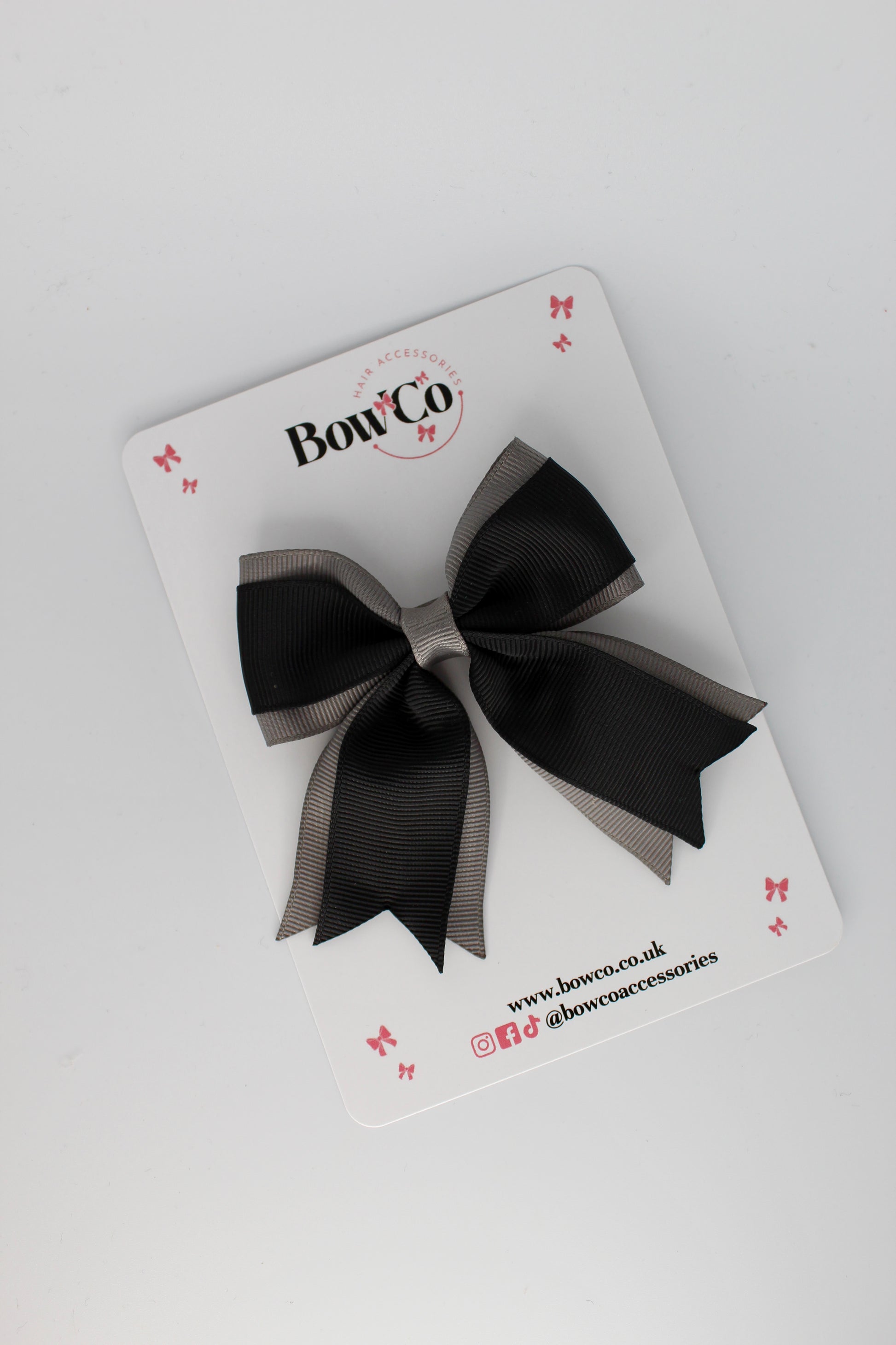 3 Inch Tail Bow Clip - Black and Metal Grey