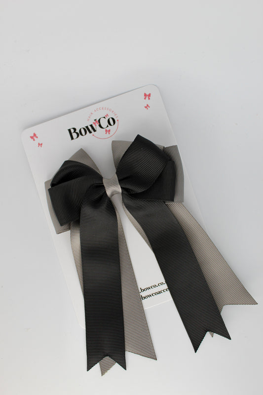 4.5 Inch Ponytail Large Double Tail Bow - Black and Metal Grey