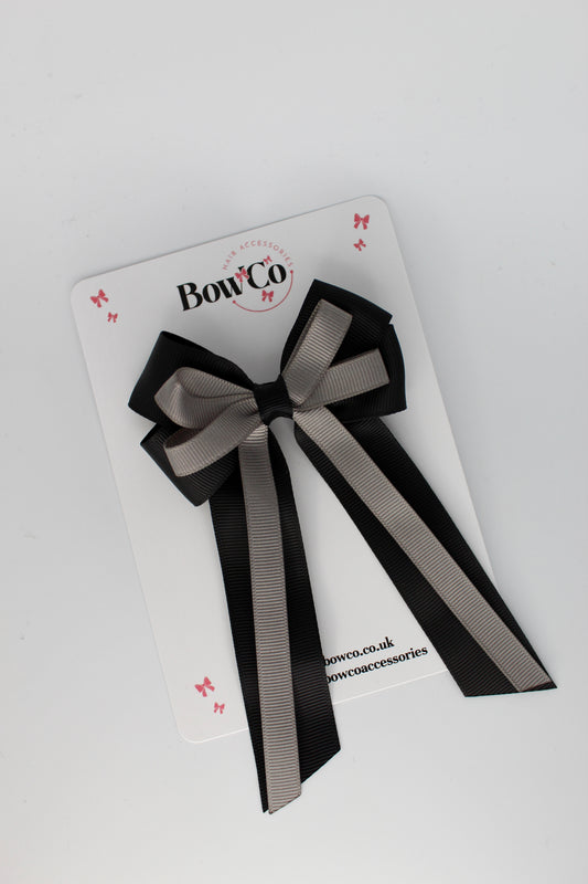 4 Inch Loop Bow Clip PonyTail - Black and Metal Grey