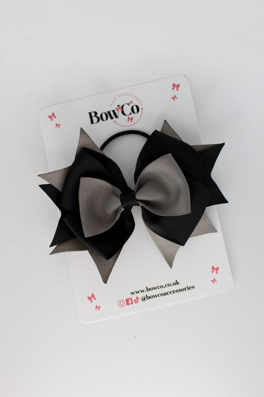 3.5 Inches Layer Bow - Elastic Bobble - Black and Metal Grey