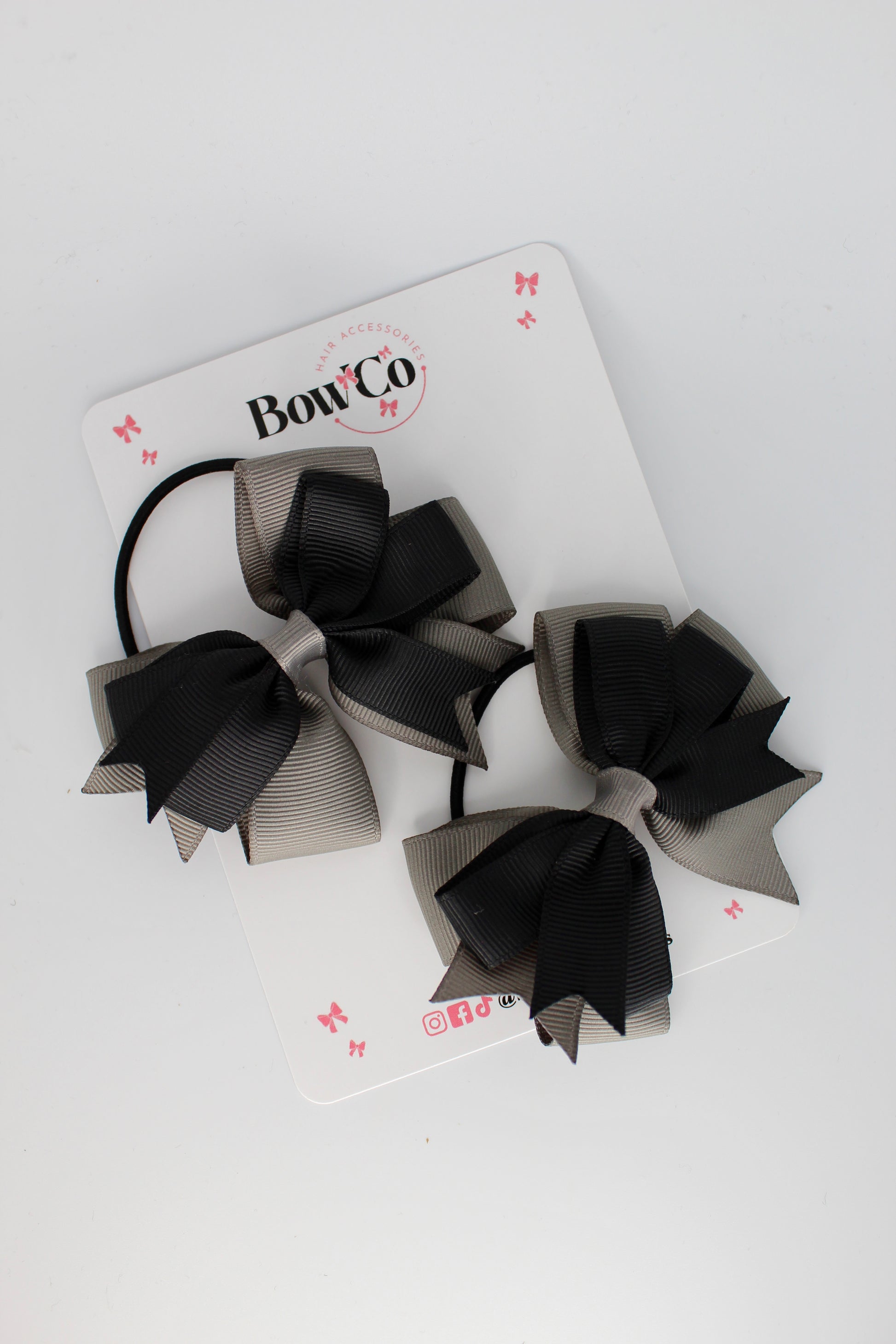 3 Inch Double Tail Bow - Elastic Bobble - 2 Pack - Black and Metal Grey