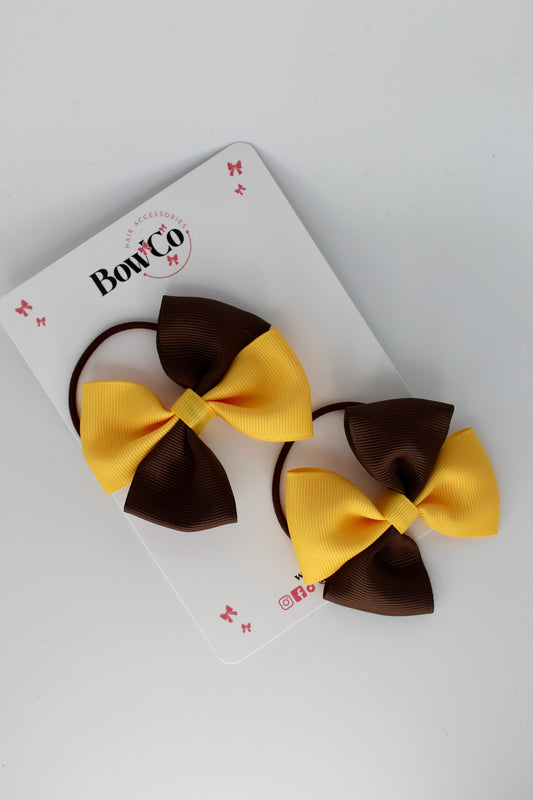 3 Inch Twist Bow - 2 Pack - Elastic Band - Brown and Yellow Gold