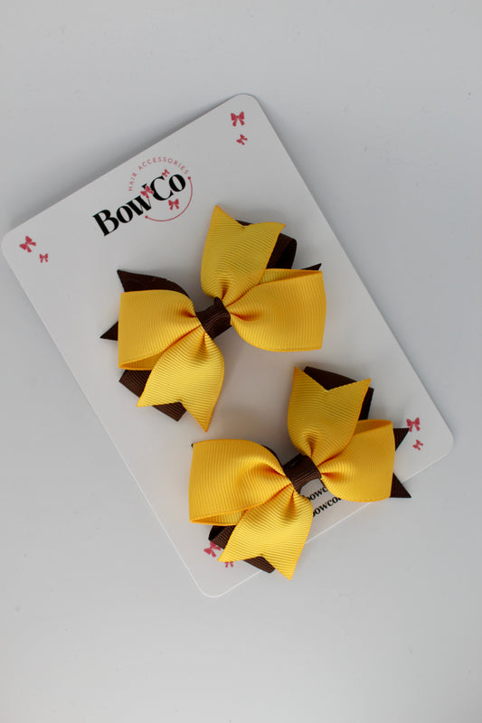 Layer Tail Bow Set - Clip - Brown and Yellow Gold