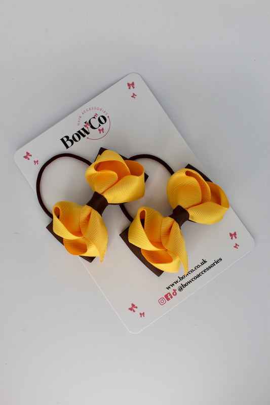 3 Inch Ruffle Bow - Elastic - 2 Pack - Brown and Yellow Gold