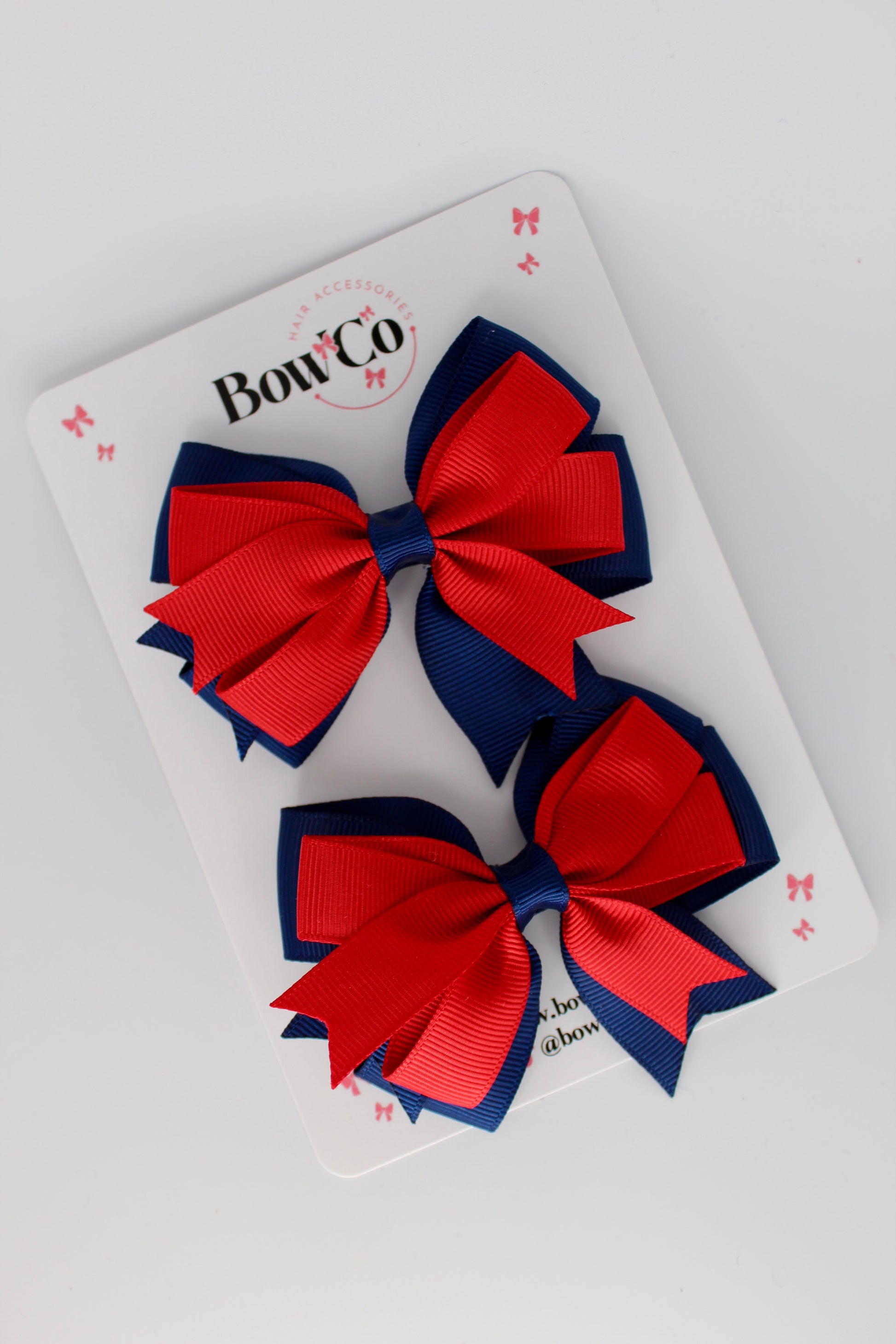 3 Inch Double Tail Bow - Clip - 2 Pack - Red and Navy Blue