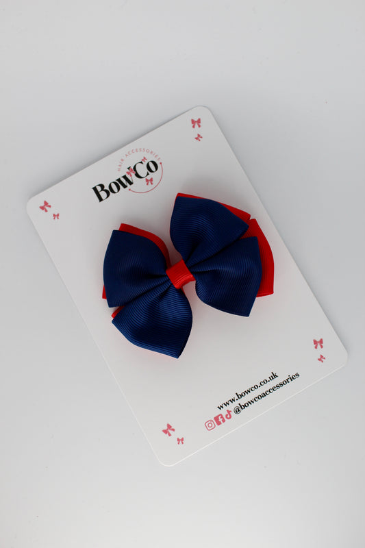 3 Inch Double Layer Bow - Clip - Red and Navy Blue
