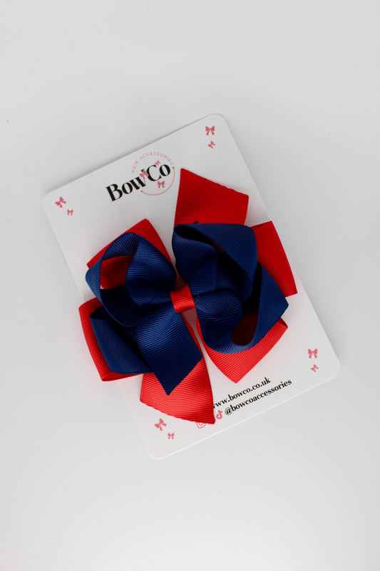 4.5 Inch Double Bow - Clip - Red and Navy Blue