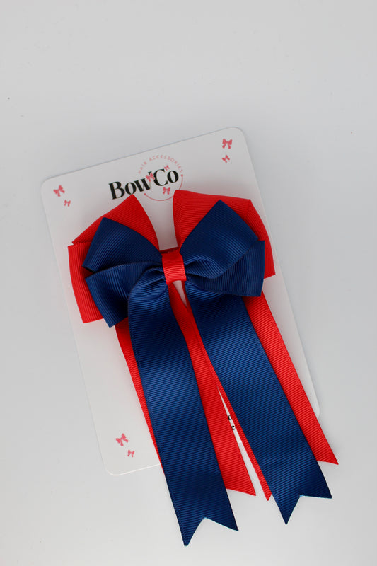 4.5 Inch Ponytail Large Double Tail Bow - Red and Navy Blue